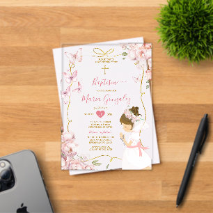 Invitations En Acrylique Papillon Rose Fleur Fille Priant Baptême Or
