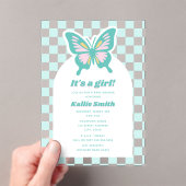 Invitations En Acrylique Papillon Turquoise Checkerboard Girl Baby shower (In situ (ordinateur de poche))