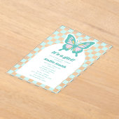 Invitations En Acrylique Papillon Turquoise Checkerboard Girl Baby shower (Poser)