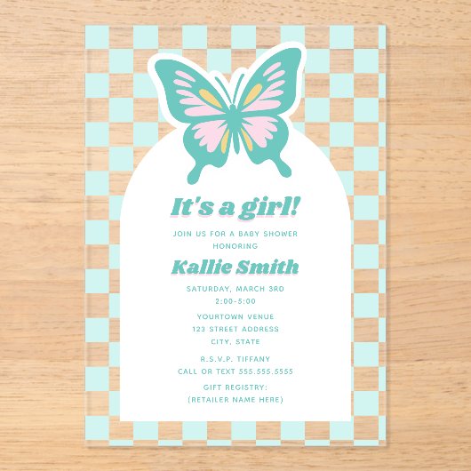 Invitations En Acrylique Papillon Turquoise Checkerboard Girl Baby shower (Recto)
