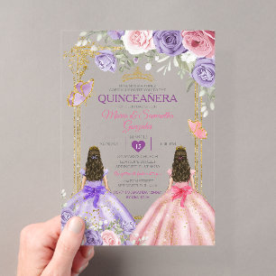 Invitations En Acrylique Papillon Violet Fleur Rose Twin Or Quinceañera