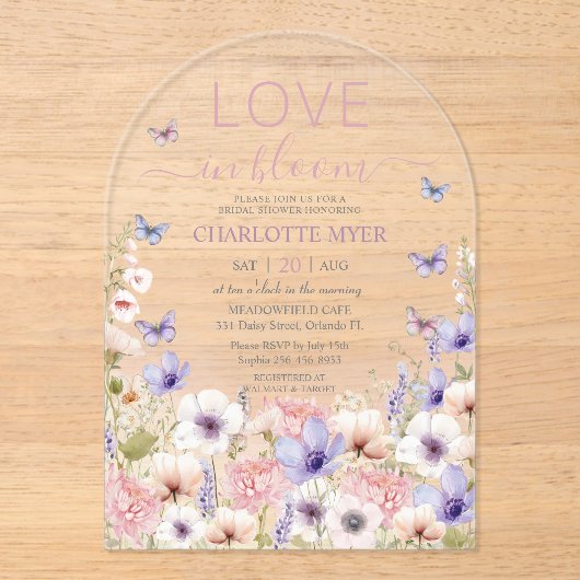 Invitations En Acrylique Papillons de fleurs sauvages roses violettes Amour (Recto)