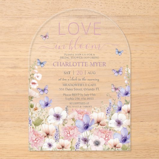 Invitations En Acrylique Papillons Fleurs sauvages rose pourpre Amour en fl (Recto)