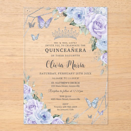 Invitations En Acrylique Papillons floraux bleu pourpre Quinceañera (Recto)