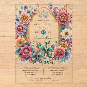 Invitations En Acrylique Papillons Floraux Couronne de QUINCEANERA Or Argen