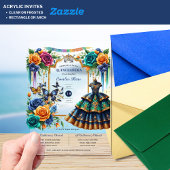 Invitations En Acrylique Papillons floraux de Fiesta QUINCEANERA Or Bleu