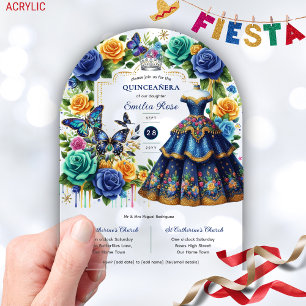 Invitations En Acrylique Papillons floraux de Fiesta QUINCEANERA Or Bleu