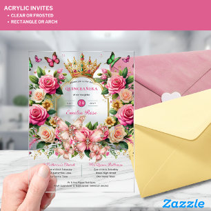 Invitations En Acrylique Papillons floraux QUINCEANERA Tiara Roses roses