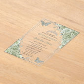 Invitations En Acrylique Papillons floraux vert Sage Silver Quinceañera (Poser)