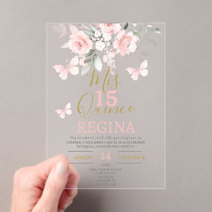 Invitations En Acrylique Papillons roses Quinceañera