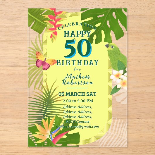 Invitations En Acrylique Paradis tropical Anniversaire annuel (Recto)