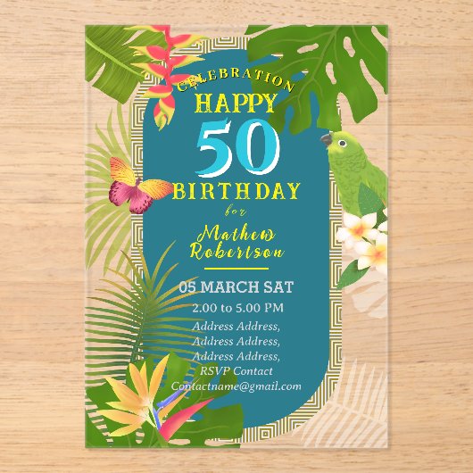 Invitations En Acrylique Paradis tropical Anniversaire Turquoise (Recto)