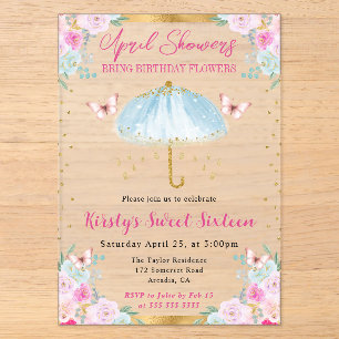 Invitations En Acrylique Parapluie bleu or printemps aquarelle Sweet Sixtee