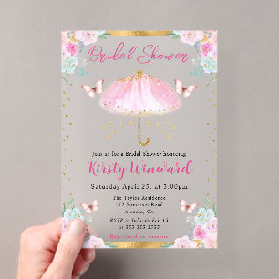 Invitations En Acrylique Parapluie de mariage de printemps en or rose aquar