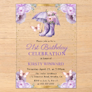 Invitations En Acrylique Parapluie de printemps violet et or 21e anniversai
