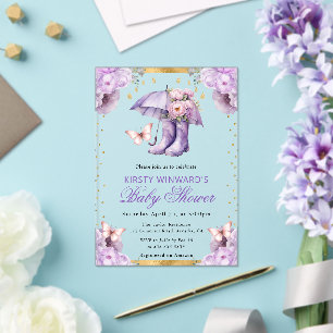 Invitations En Acrylique Parapluie de printemps violet et or pour Baby Show