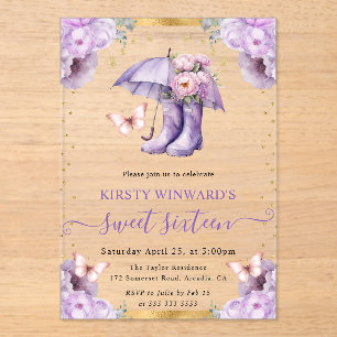 Invitations En Acrylique Parapluie de printemps violet et or Sweet 16