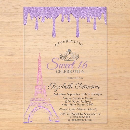 Invitations En Acrylique Paris Tour Eiffel, Lecteurs Violet Doux 16 (Recto)