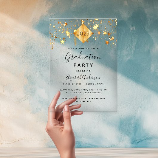 Invitations En Acrylique Parti de graduation or étoiles casquette dessus cl
