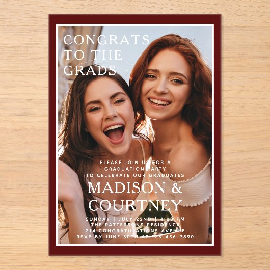 Invitations En Acrylique Parti de graduation photo Deep Red En vichy (Recto)