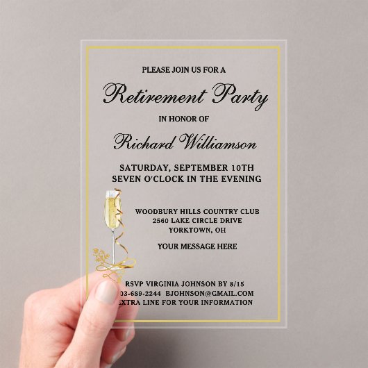 Invitations En Acrylique Parti de retraite élégant Noir et Or (In situ (ordinateur de poche))