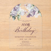 Invitations En Acrylique PARTI SURPRISE 100e anniversaire Arc floral violet (Recto)