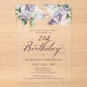 Invitations En Acrylique PARTI SURPRISE 21e anniversaire Purple Lilac Flora (Recto)