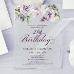 Invitations En Acrylique PARTI SURPRISE 21e anniversaire Purple Lilac Flora<br><div class="desc">Des lilas mauve à l'aquarelle douce créent une jolie invitation à la fête d'anniversaire surprise du printemps. La typographie ajoute une esthétique élégante. Il fait partie de la collection Purple Spring Lilac Flower. Il vous permet de choisir un thème puis de créer facilement une suite d'invitation unique, des panneaux d'accueil...</div>