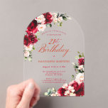 Invitations En Acrylique PARTI SURPRISE 21e Anniversaire Rouge Rose Arc Flo<br><div class="desc">Des roses rouges et des pivoines roses rousses sont nichées dans des feuilles vert foncé sur cette invitation d'anniversaire. La calligraphie classique indique à vos invités que c'est un anniversaire important et qui est le célébrant de l'anniversaire. Cet article fait partie de la collection Red Rose Pink Peony. Il contient...</div>