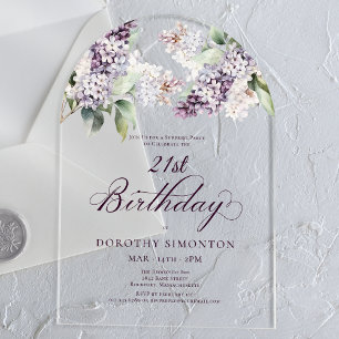 Invitations En Acrylique PARTI SURPRISE 21e Anniversaire violet Arc floral