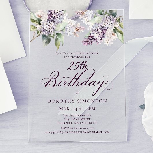 Invitations En Acrylique PARTI SURPRISE 25e anniversaire Purple Lilac Flora