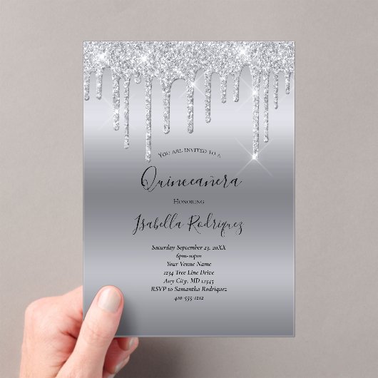 Invitations En Acrylique Parties scintillant à goutte d'argent Glam Quincea (In situ (ordinateur de poche))