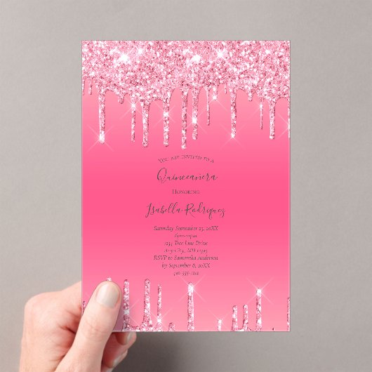 Invitations En Acrylique Parties scintillant à goutte rose fille tendance Q (In situ (ordinateur de poche))