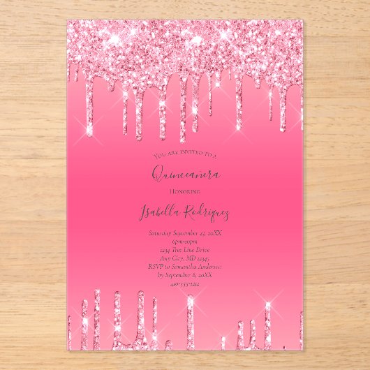 Invitations En Acrylique Parties scintillant à goutte rose fille tendance Q (Recto)