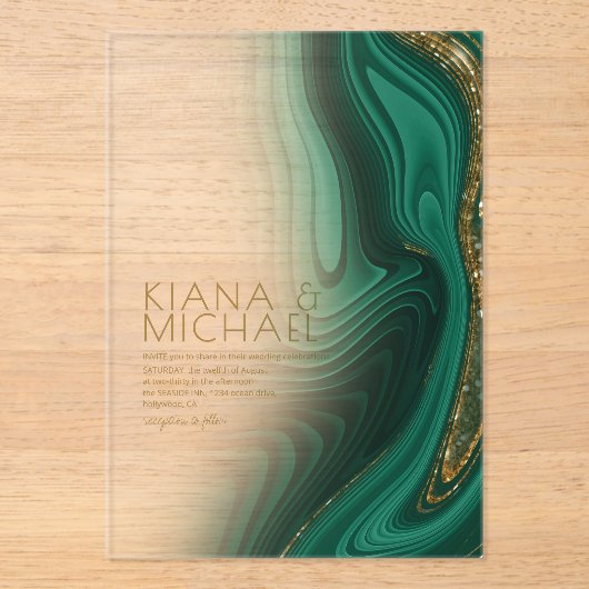 Invitations En Acrylique Parties scintillant Abstraite Strata Mariage Green (Recto)