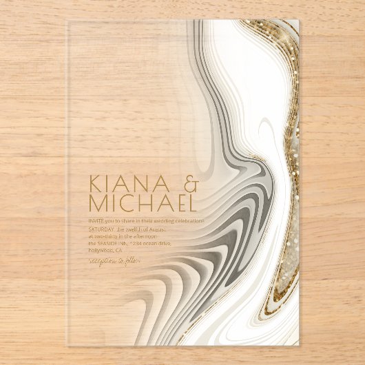 Invitations En Acrylique Parties scintillant Abstraite Strata Mariage Ivory (Recto)