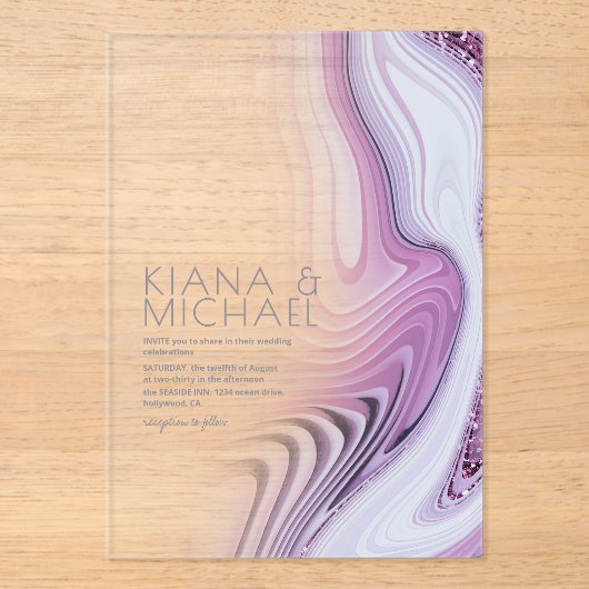 Invitations En Acrylique Parties scintillant Abstraite Strata Mariage Lilac (Recto)
