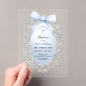 Invitations En Acrylique Parties scintillant Argent Cadre Bleu Bow Baptême (In situ (ordinateur de poche))
