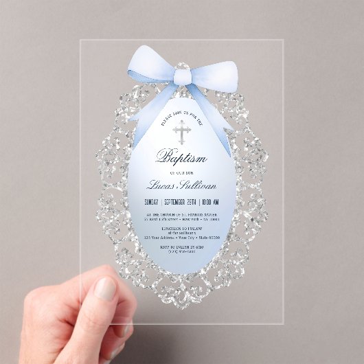 Invitations En Acrylique Parties scintillant Argent Cadre Bleu Bow Baptême (In situ (ordinateur de poche))