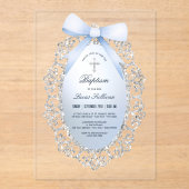 Invitations En Acrylique Parties scintillant Argent Cadre Bleu Bow Baptême (Recto)