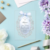 Invitations En Acrylique Parties scintillant Argent Cadre Bleu Bow Baptême (Insitu (Mariage))