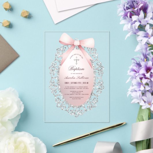 Invitations En Acrylique Parties scintillant Argent Cadre rose Bow Baptême (Insitu (Mariage))