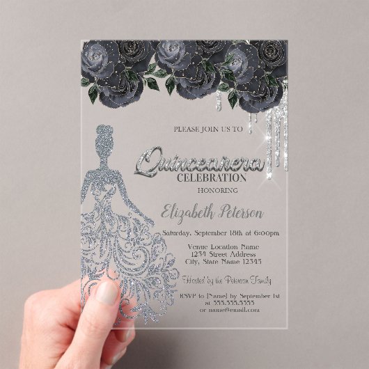 Invitations En Acrylique Parties scintillant argent gouttes Roses noirs dou (In situ (ordinateur de poche))