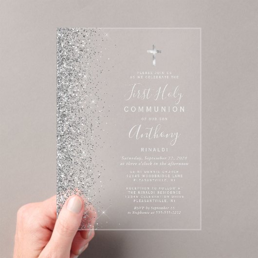 Invitations En Acrylique Parties scintillant Bord Argent Texte Première Sai (In situ (ordinateur de poche))