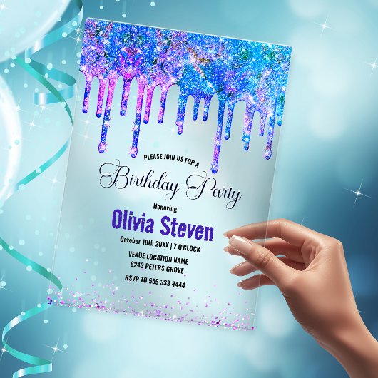 Invitations En Acrylique Parties scintillant d'anniversaire chic bleu viole