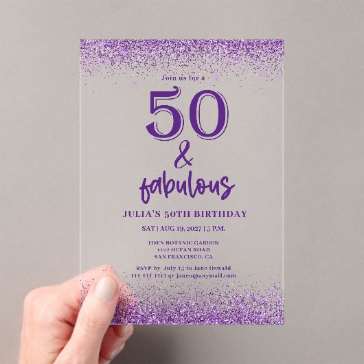 Invitations En Acrylique Parties scintillant d'argent violet 50e fête d'ann (In situ (ordinateur de poche))