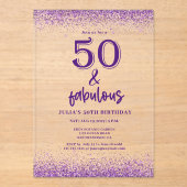 Invitations En Acrylique Parties scintillant d'argent violet 50e fête d'ann (Recto)