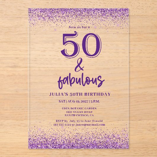 Invitations En Acrylique Parties scintillant d'argent violet 50e fête d'ann (Recto)