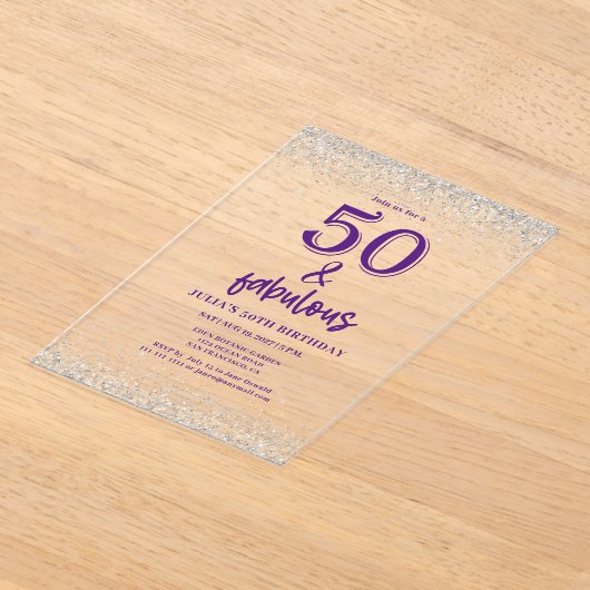 Invitations En Acrylique Parties scintillant d'argent violet 50e fête d'ann (Poser)