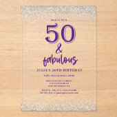 Invitations En Acrylique Parties scintillant d'argent violet 50e fête d'ann (Recto)